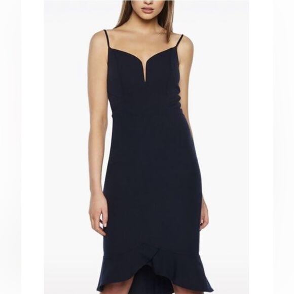 BARDOT Sleeveless High Low Black Midi Dress Deep V-Neck Ruffle Hem - Picture 1 of 9